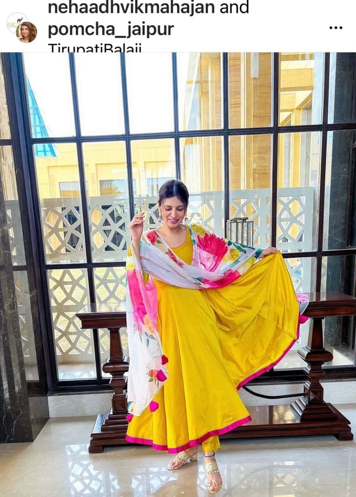 SUNFLOWER COTTON SILK YELLOW ANARKALI WITH ORGANZA DUPATTA - Pomcha Jaipur