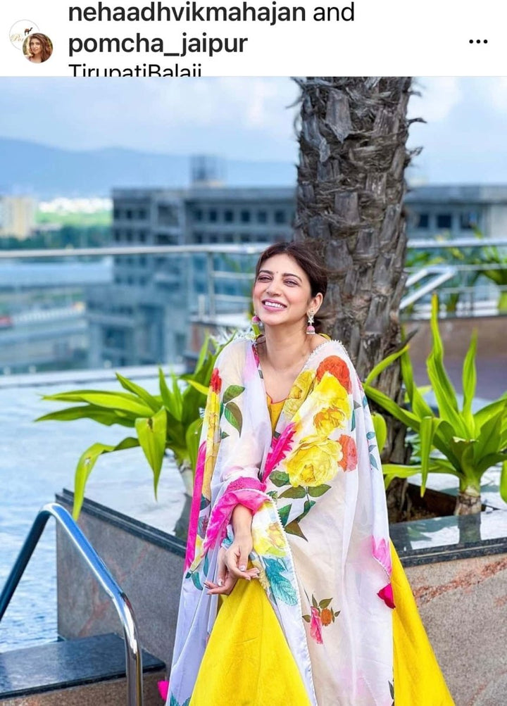 SUNFLOWER COTTON SILK YELLOW ANARKALI WITH ORGANZA DUPATTA - Pomcha Jaipur