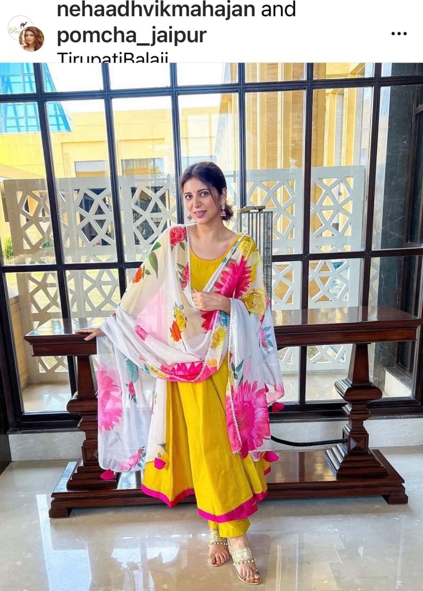 SUNFLOWER COTTON SILK YELLOW ANARKALI WITH ORGANZA DUPATTA - Pomcha Jaipur