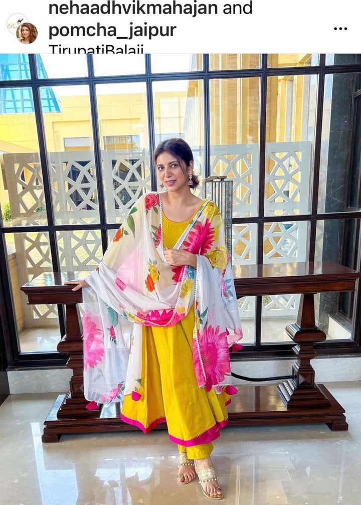 SUNFLOWER COTTON SILK YELLOW ANARKALI WITH ORGANZA DUPATTA - Pomcha Jaipur