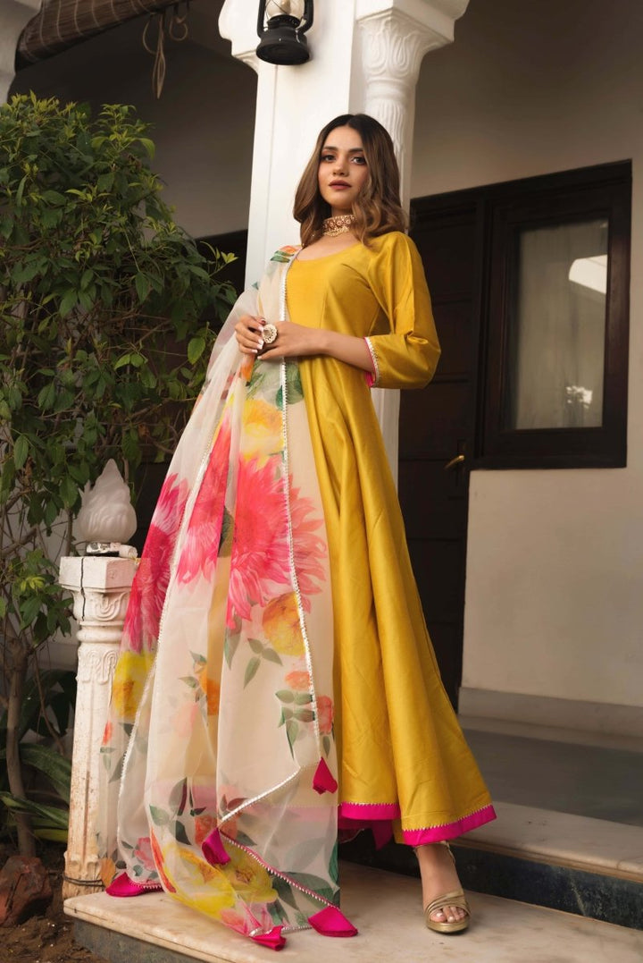 SUNFLOWER COTTON SILK YELLOW ANARKALI WITH ORGANZA DUPATTA - Pomcha Jaipur