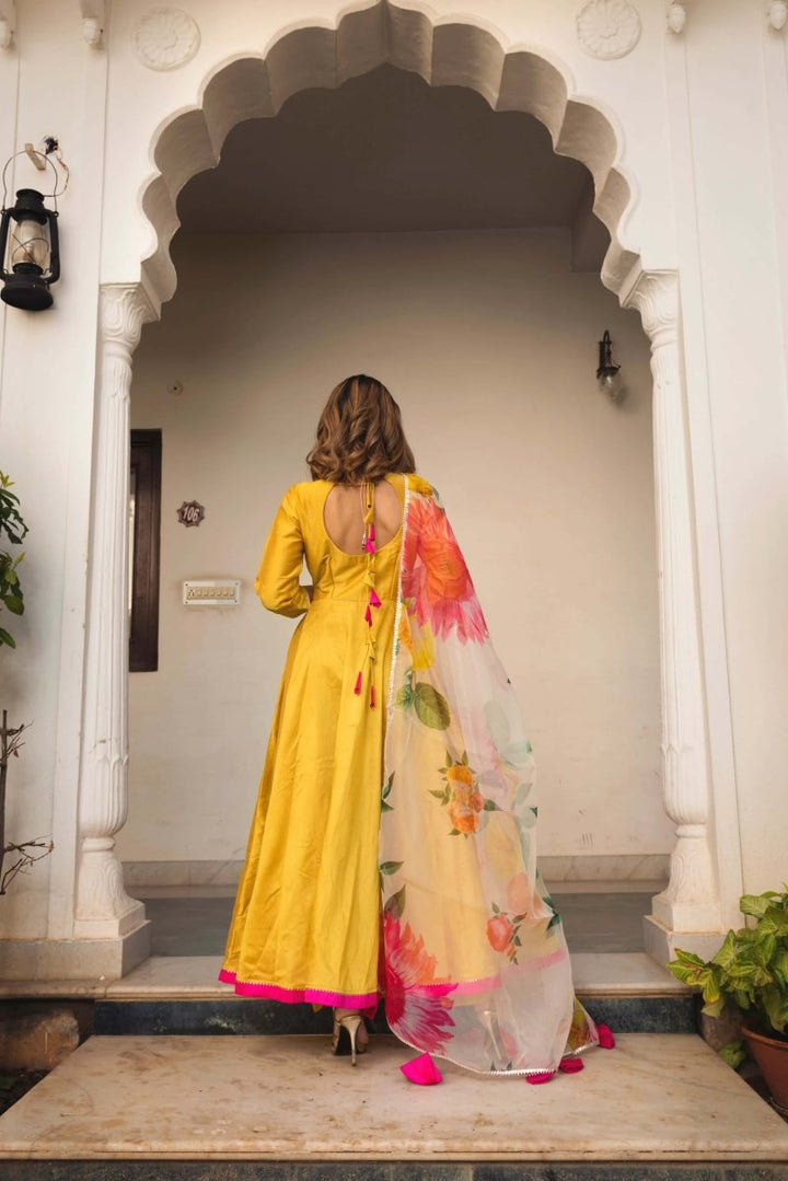 SUNFLOWER COTTON SILK YELLOW ANARKALI WITH ORGANZA DUPATTA - Pomcha Jaipur