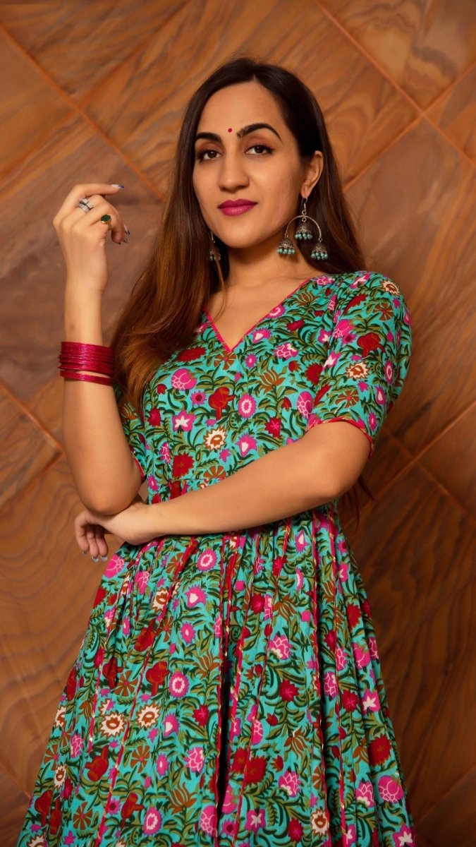 SURANGI KALIDAR TAAJ COTTON HAND BLOCK PRINT ANARKALI SET WITH SOFT NET DUPATTA - Pomcha Jaipur