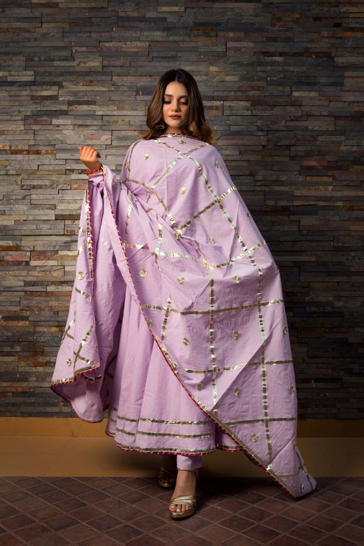 Sweet Pea Lavender Pure Cotton Anarkali Set with lace jaal work dupatta - Pomcha Jaipur