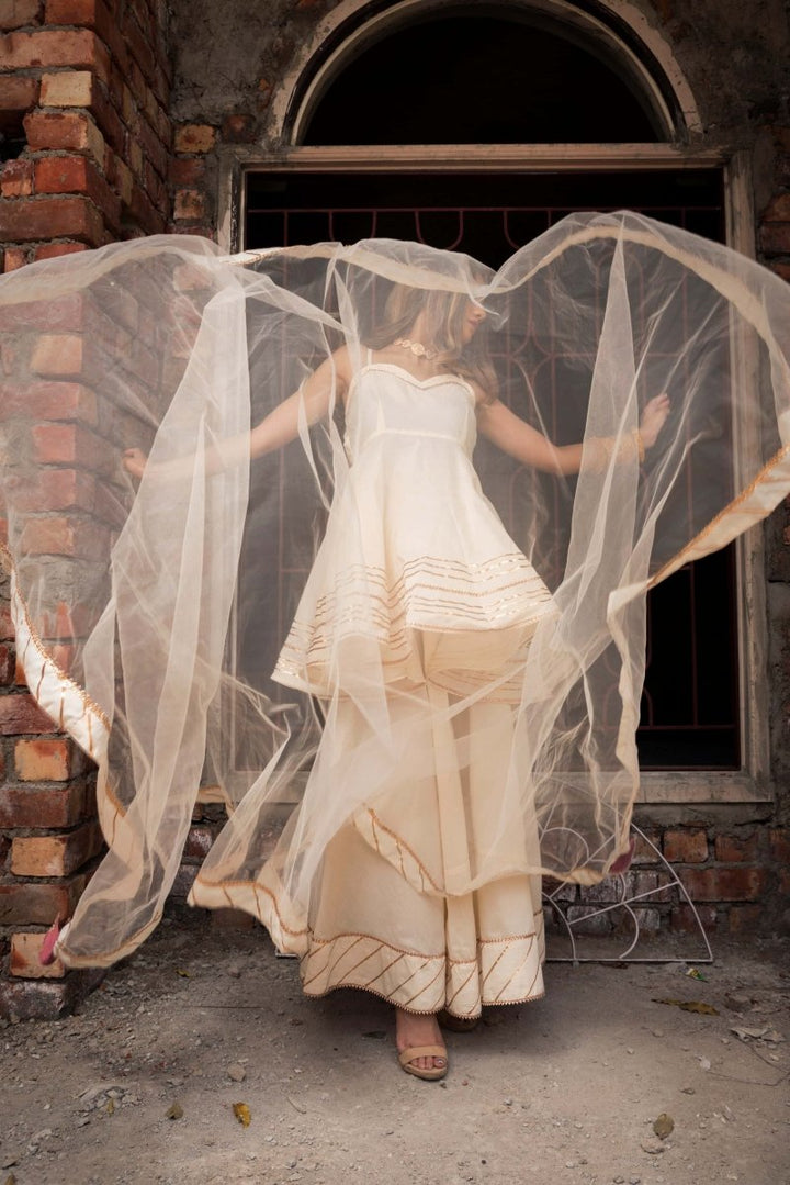 TAAJ OFF WHITE SHORT A - LINE KURTA PLAZO SET - Pomcha Jaipur