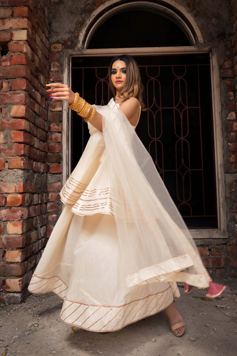TAAJ OFF WHITE SHORT A - LINE KURTA PLAZO SET - Pomcha Jaipur