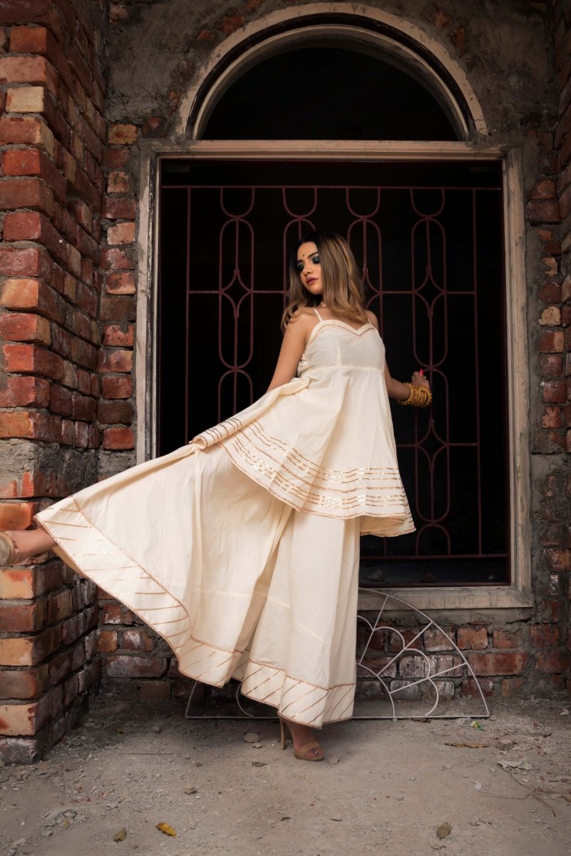 TAAJ OFF WHITE SHORT A - LINE KURTA PLAZO SET - Pomcha Jaipur