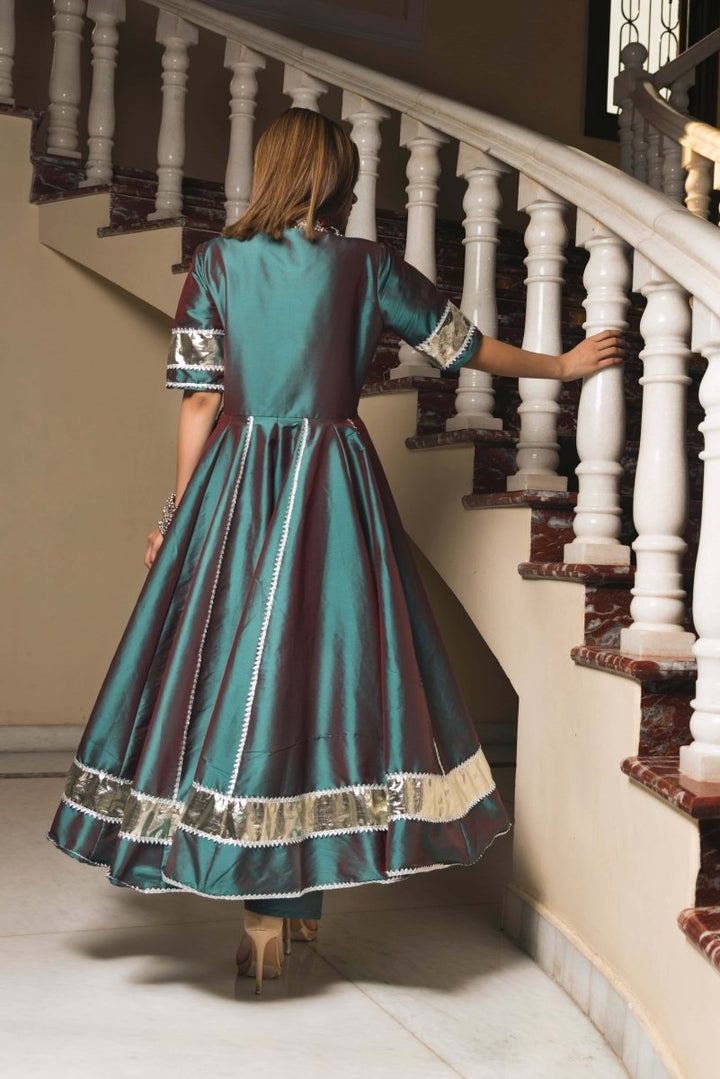 TAFFETA SILK GREEN ANARKALI WITH ORGANZA DUPATTA SET - Pomcha Jaipur