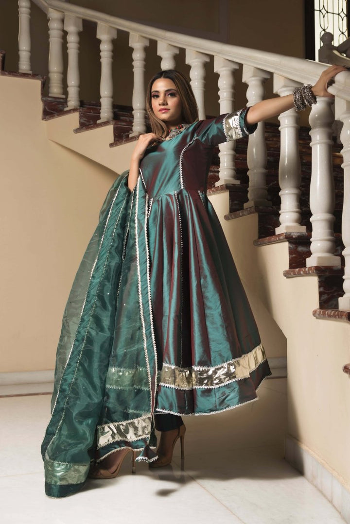 TAFFETA SILK GREEN ANARKALI WITH ORGANZA DUPATTA SET - Pomcha Jaipur