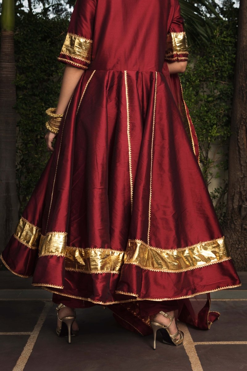 TAFFETA SILK MAROON ANARKALI WITH ORGANZA DUPATTA SET - Pomcha Jaipur
