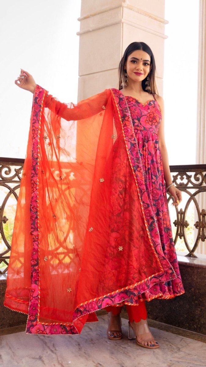 TARA ORANGE PRINTED CHIFFON ANARKALI SET WITH ORGANZA DUPATTA - Pomcha Jaipur