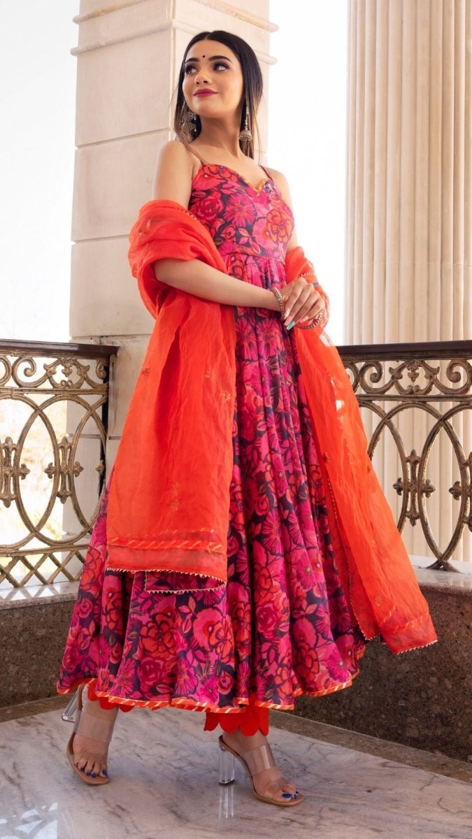 TARA ORANGE PRINTED CHIFFON ANARKALI SET WITH ORGANZA DUPATTA - Pomcha Jaipur