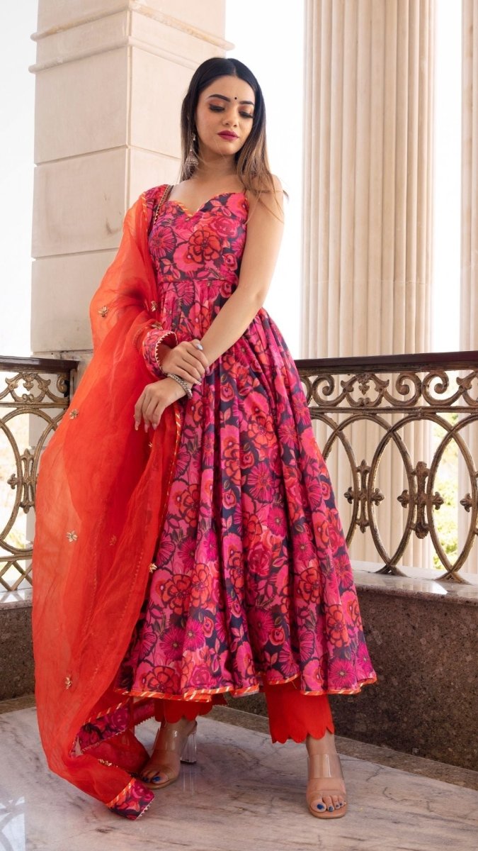 TARA ORANGE PRINTED CHIFFON ANARKALI SET WITH ORGANZA DUPATTA - Pomcha Jaipur