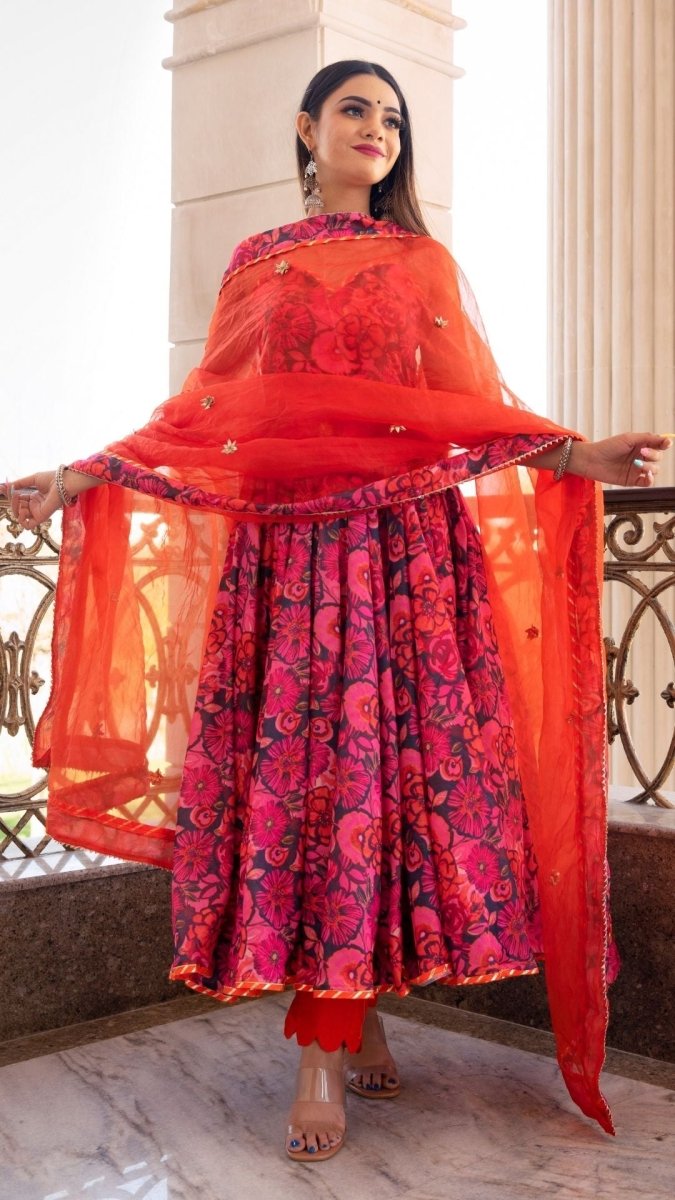 TARA ORANGE PRINTED CHIFFON ANARKALI SET WITH ORGANZA DUPATTA - Pomcha Jaipur