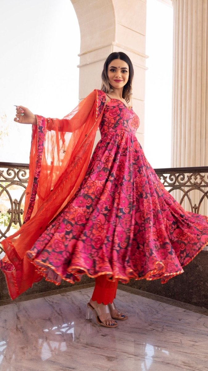 TARA ORANGE PRINTED CHIFFON ANARKALI SET WITH ORGANZA DUPATTA - Pomcha Jaipur