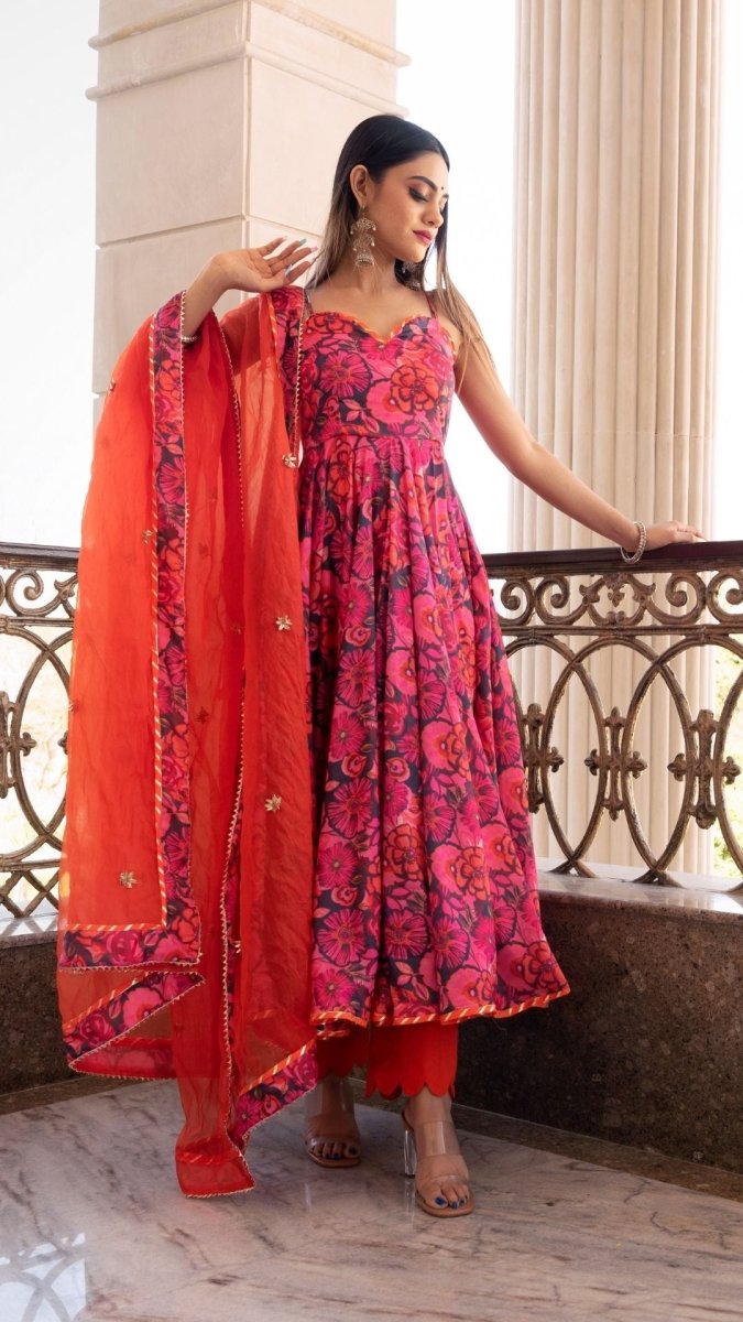 TARA ORANGE PRINTED CHIFFON ANARKALI SET WITH ORGANZA DUPATTA - Pomcha Jaipur