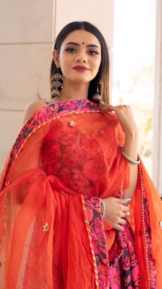 TARA ORANGE PRINTED CHIFFON ANARKALI SET WITH ORGANZA DUPATTA - Pomcha Jaipur