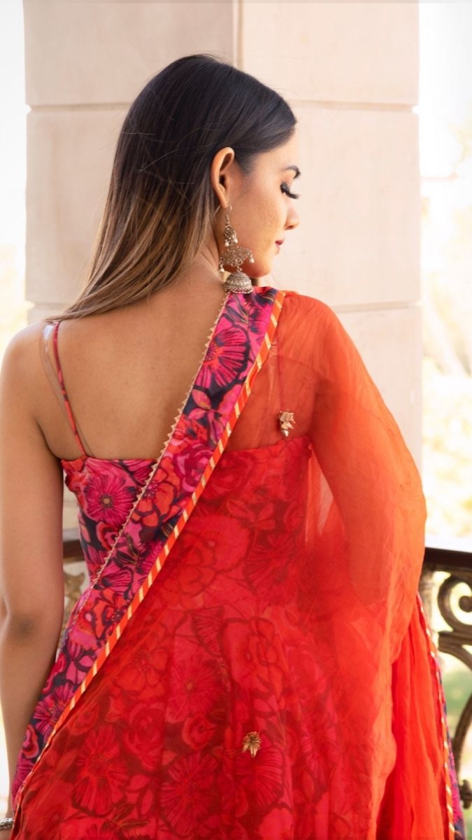 TARA ORANGE PRINTED CHIFFON ANARKALI SET WITH ORGANZA DUPATTA - Pomcha Jaipur