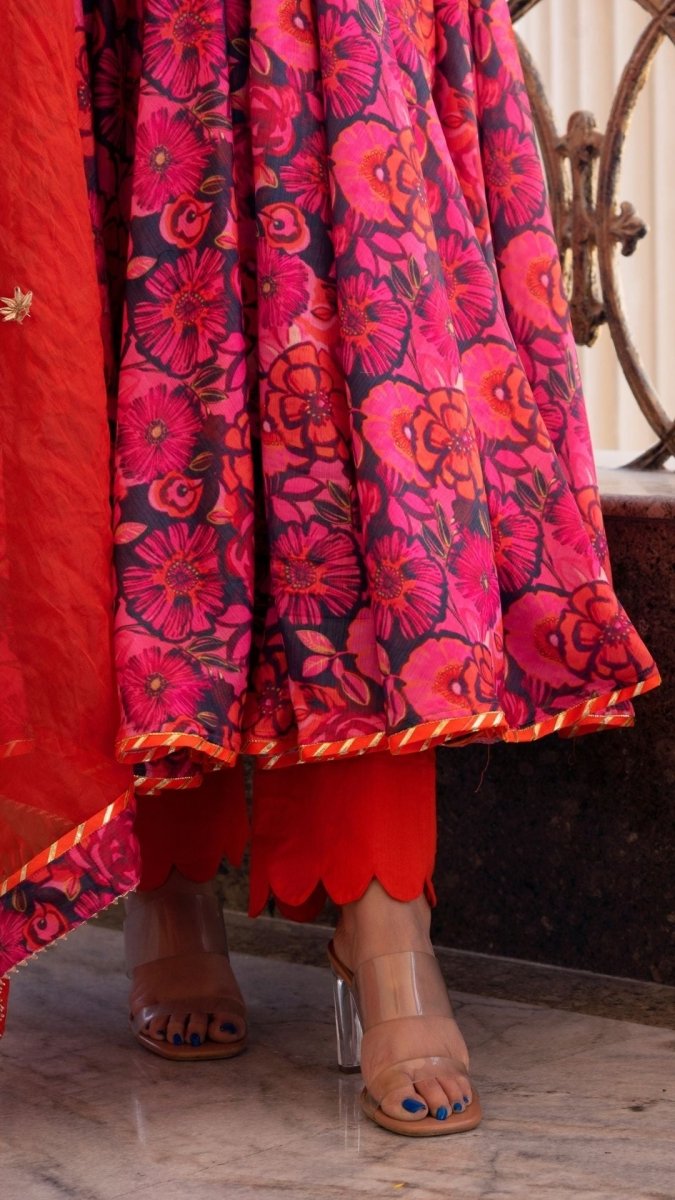 TARA ORANGE PRINTED CHIFFON ANARKALI SET WITH ORGANZA DUPATTA - Pomcha Jaipur