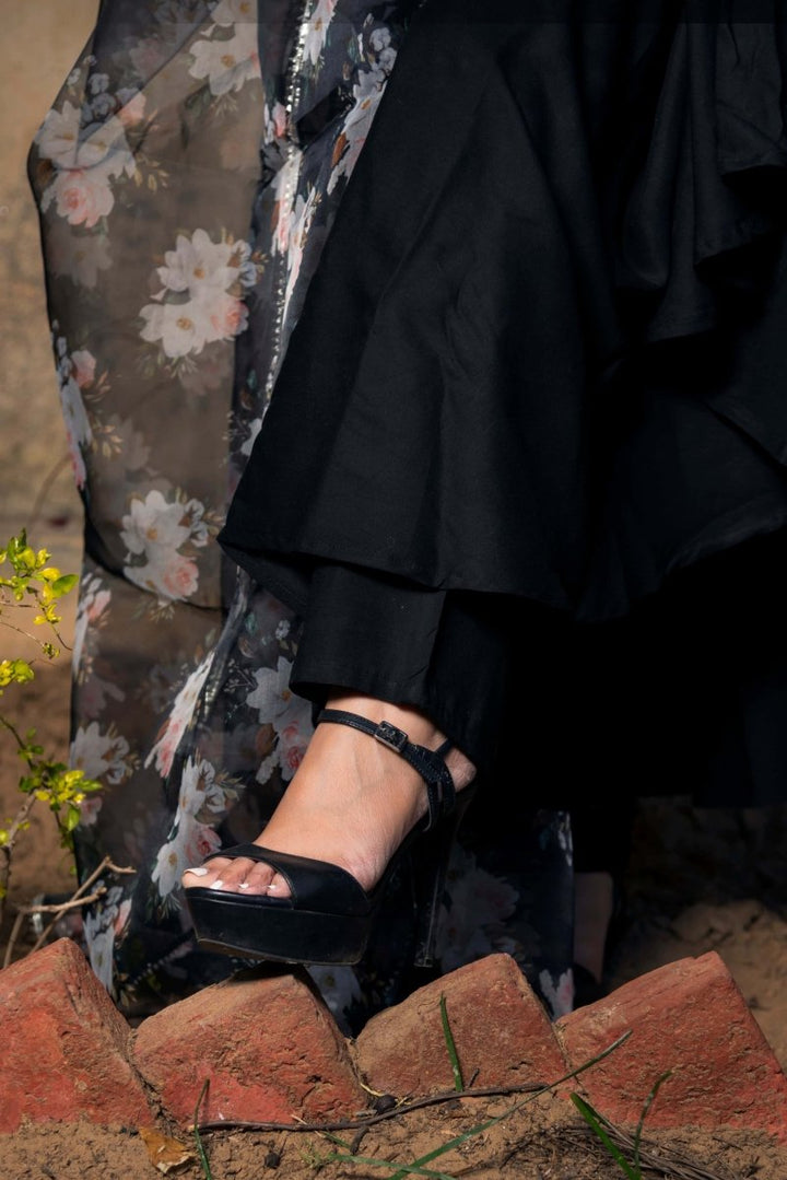 TEA LEAF BLACK RAYON ANARKALI WITH ORGANZA DUPATTA - Pomcha Jaipur