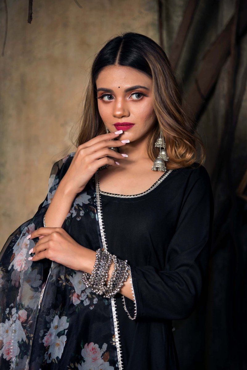 TEA LEAF BLACK RAYON ANARKALI WITH ORGANZA DUPATTA - Pomcha Jaipur