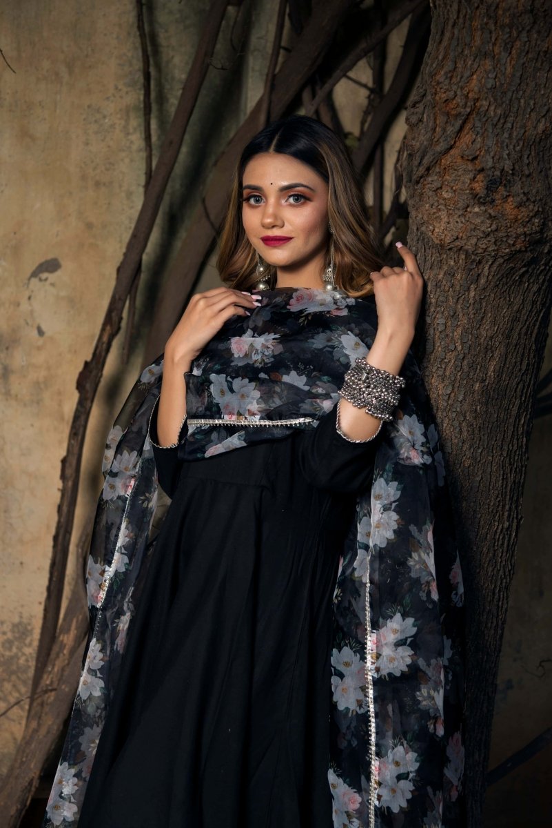 TEA LEAF BLACK RAYON ANARKALI WITH ORGANZA DUPATTA - Pomcha Jaipur