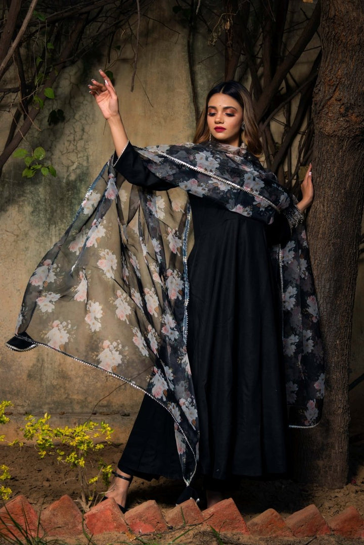 TEA LEAF BLACK RAYON ANARKALI WITH ORGANZA DUPATTA - Pomcha Jaipur