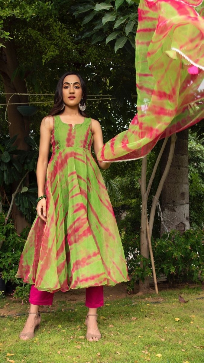 Tie and dye green organza anrkali set - Pomcha Jaipur