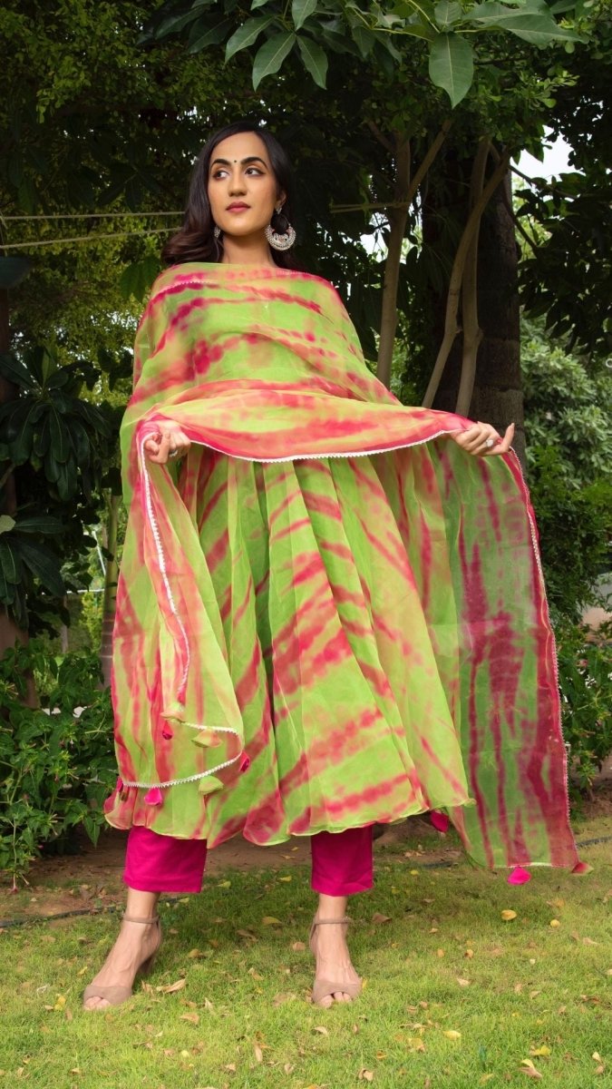 Tie and dye green organza anrkali set - Pomcha Jaipur