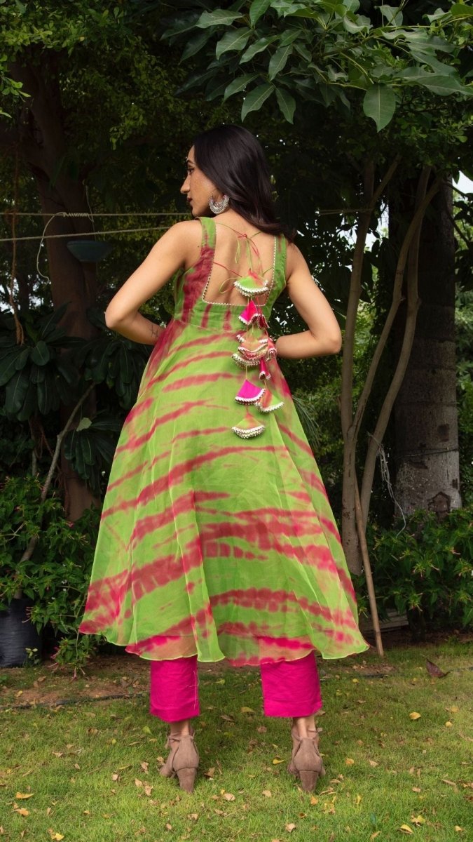 Tie and dye green organza anrkali set - Pomcha Jaipur