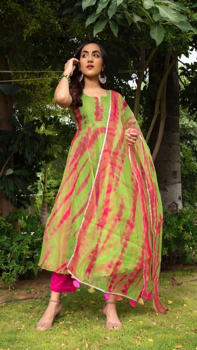 Tie and dye green organza anrkali set - Pomcha Jaipur