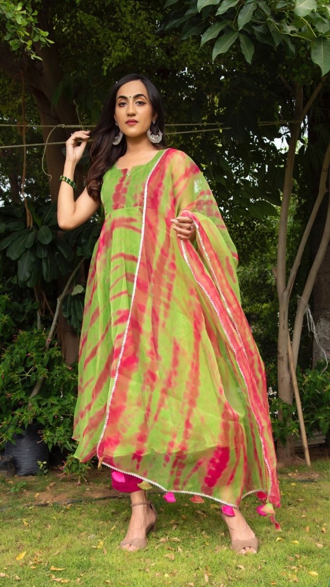 Tie and dye green organza anrkali set - Pomcha Jaipur