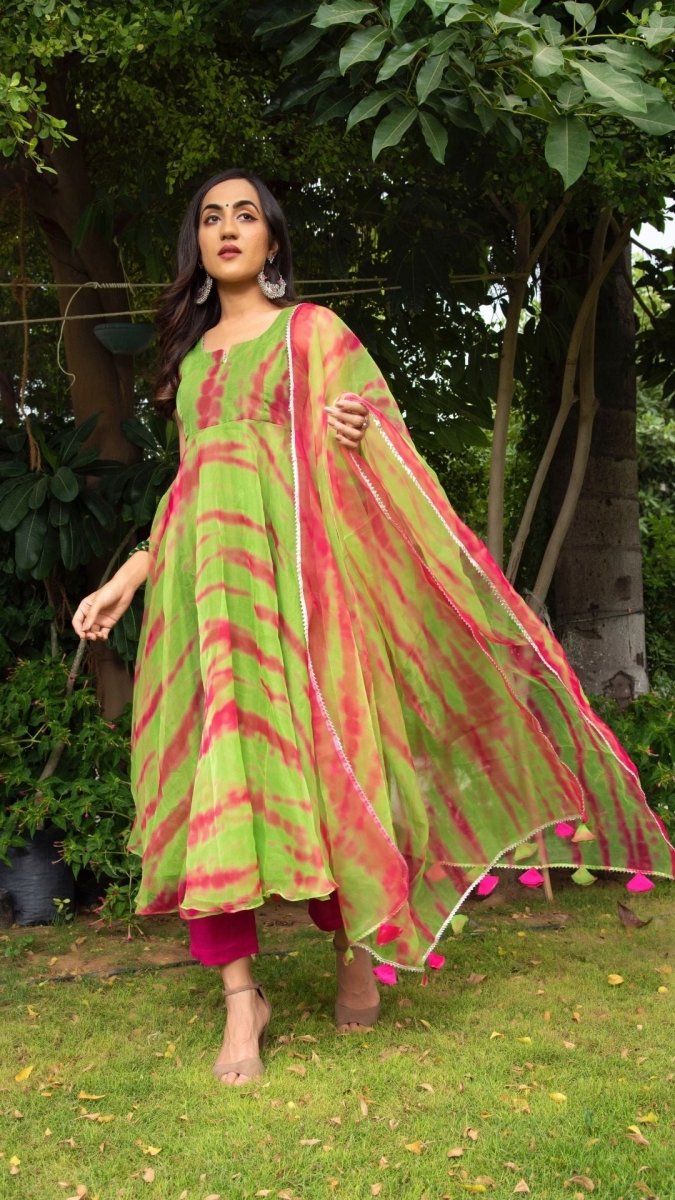 Tie and dye green organza anrkali set - Pomcha Jaipur