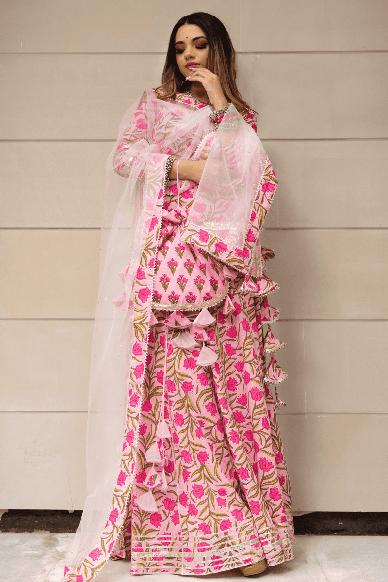 TULSI PINK COTTON HAND BLOCK SKIRT SET WITH SOFT NET DUPATTA - Pomcha Jaipur