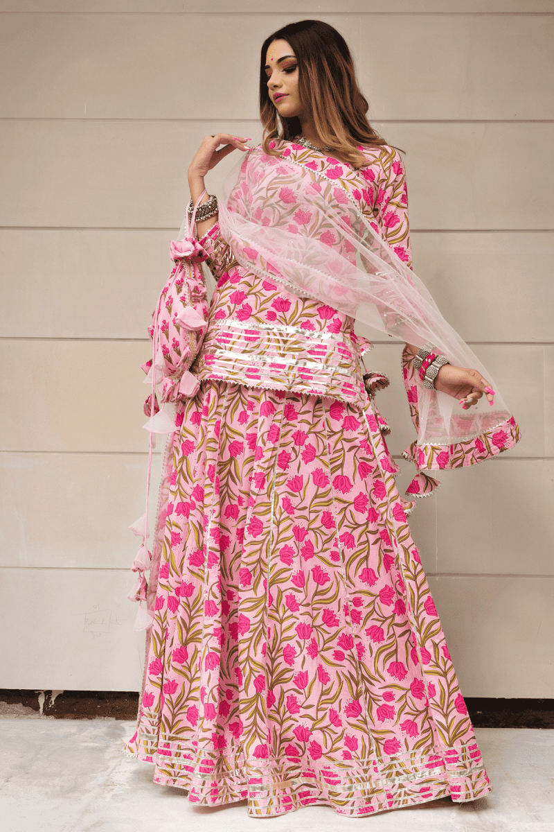 TULSI PINK COTTON HAND BLOCK SKIRT SET WITH SOFT NET DUPATTA - Pomcha Jaipur