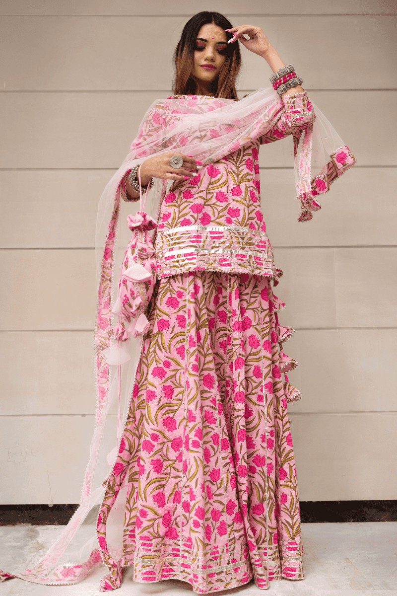 TULSI PINK COTTON HAND BLOCK SKIRT SET WITH SOFT NET DUPATTA - Pomcha Jaipur