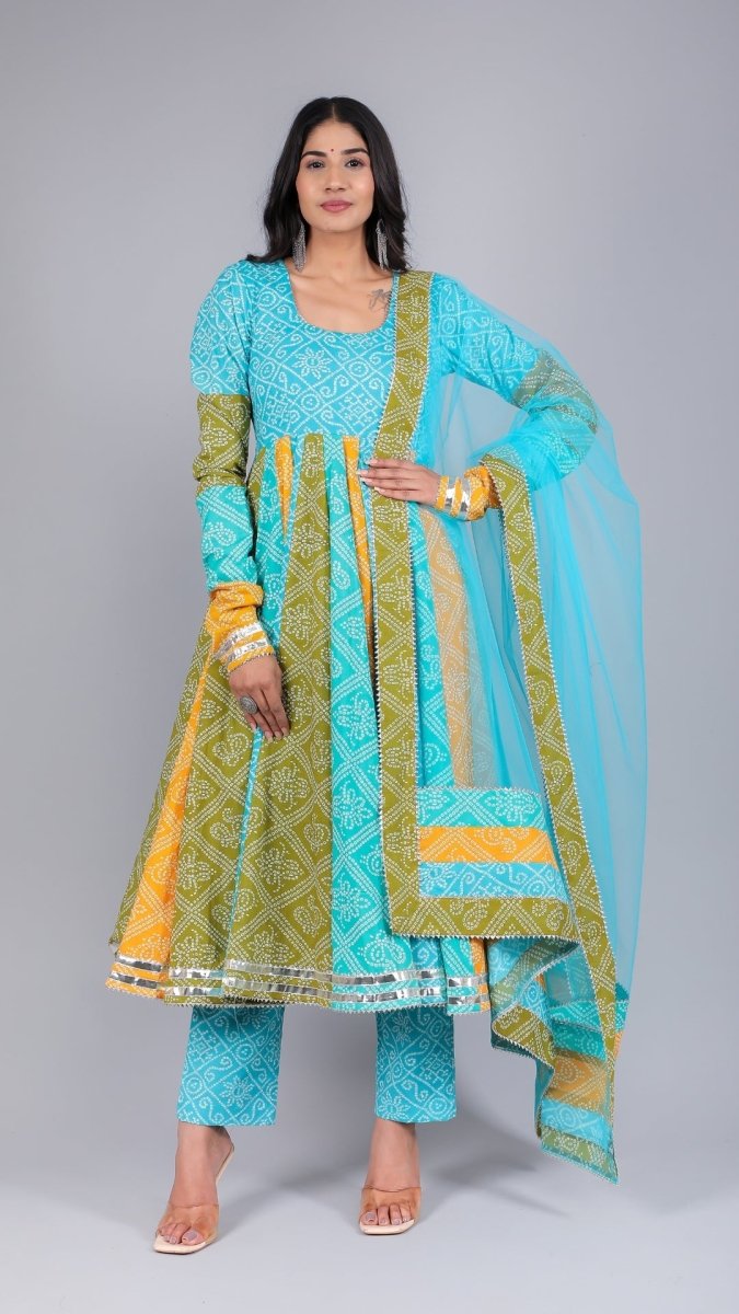 VEDHIKA COTTON KALIDAR BHENDEJ ANARKALI SET - Pomcha Jaipur