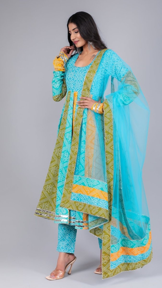 VEDHIKA COTTON KALIDAR BHENDEJ ANARKALI SET - Pomcha Jaipur