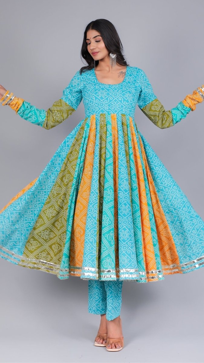VEDHIKA COTTON KALIDAR BHENDEJ ANARKALI SET - Pomcha Jaipur