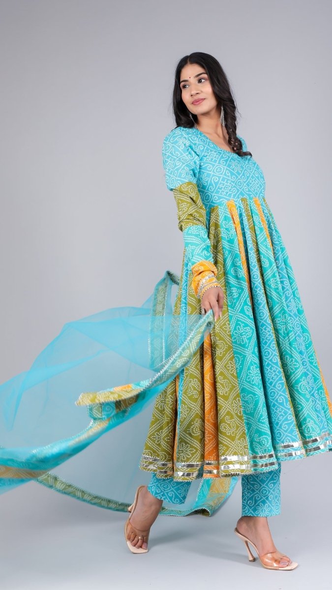 VEDHIKA COTTON KALIDAR BHENDEJ ANARKALI SET - Pomcha Jaipur