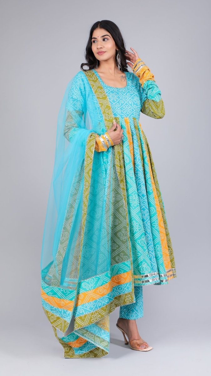 VEDHIKA COTTON KALIDAR BHENDEJ ANARKALI SET - Pomcha Jaipur