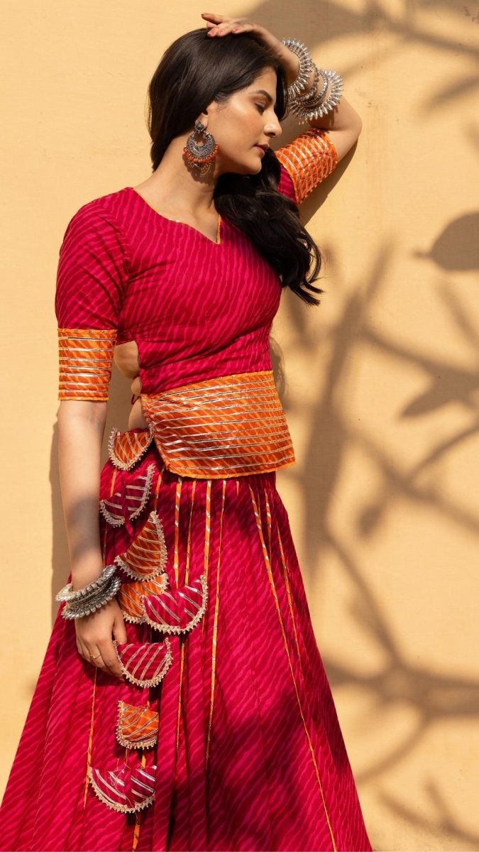 VEENA LEHERIYA PRINT COTTON LEHENGA WITH LACE WORK AND SOFT NET DUPATTA SET - Pomcha Jaipur