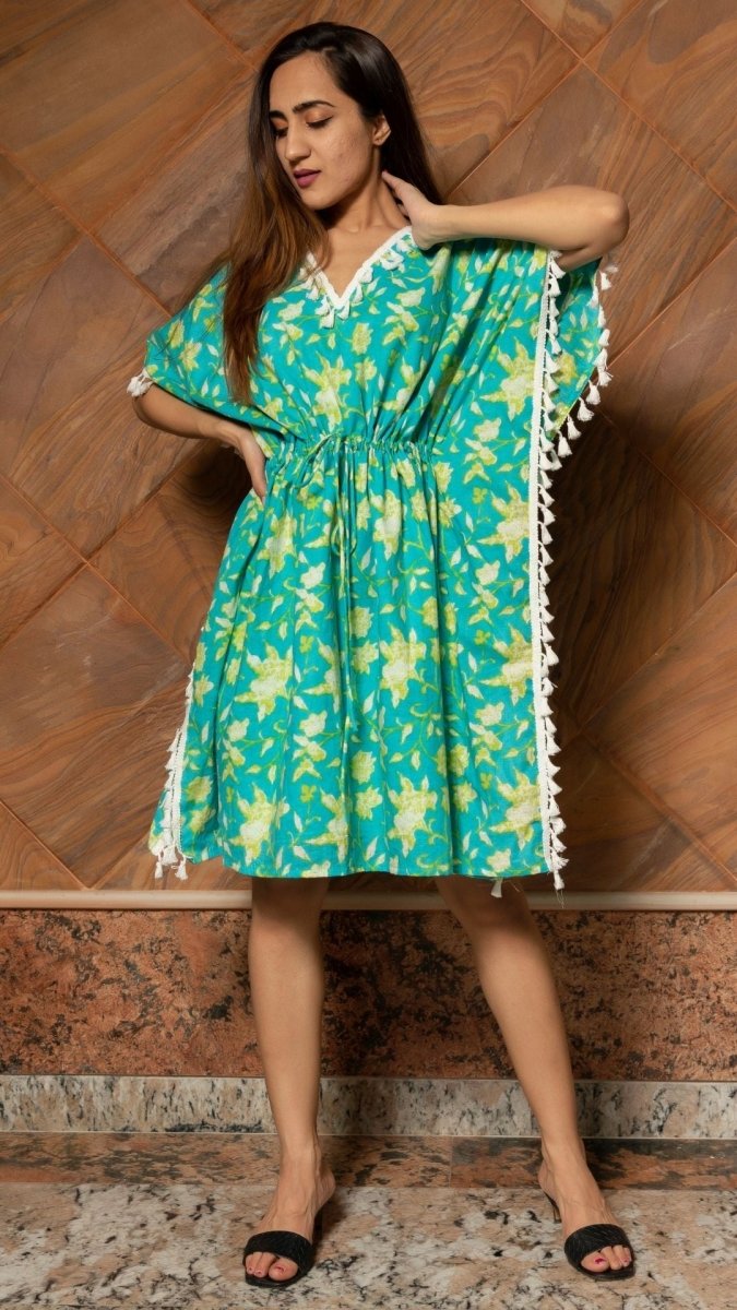 WATER LILY HAND BLOCK COTTON KAFTAN DRESS - Pomcha Jaipur