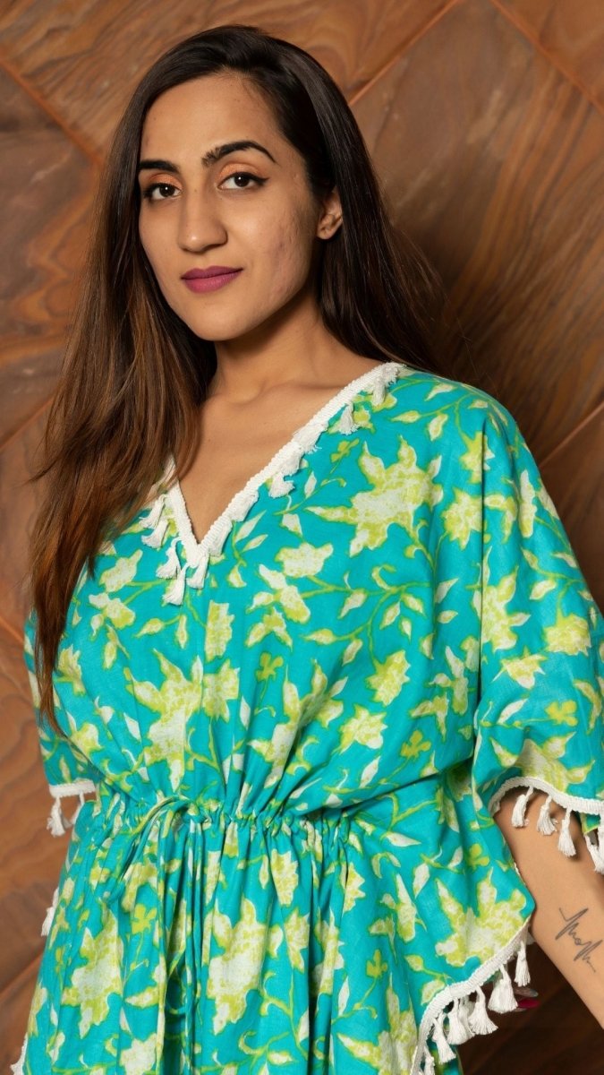 WATER LILY HAND BLOCK COTTON KAFTAN DRESS - Pomcha Jaipur