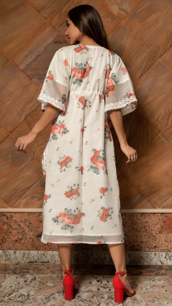 WHITE AND RED ORGANZA KAFTAN DRESS - Pomcha Jaipur