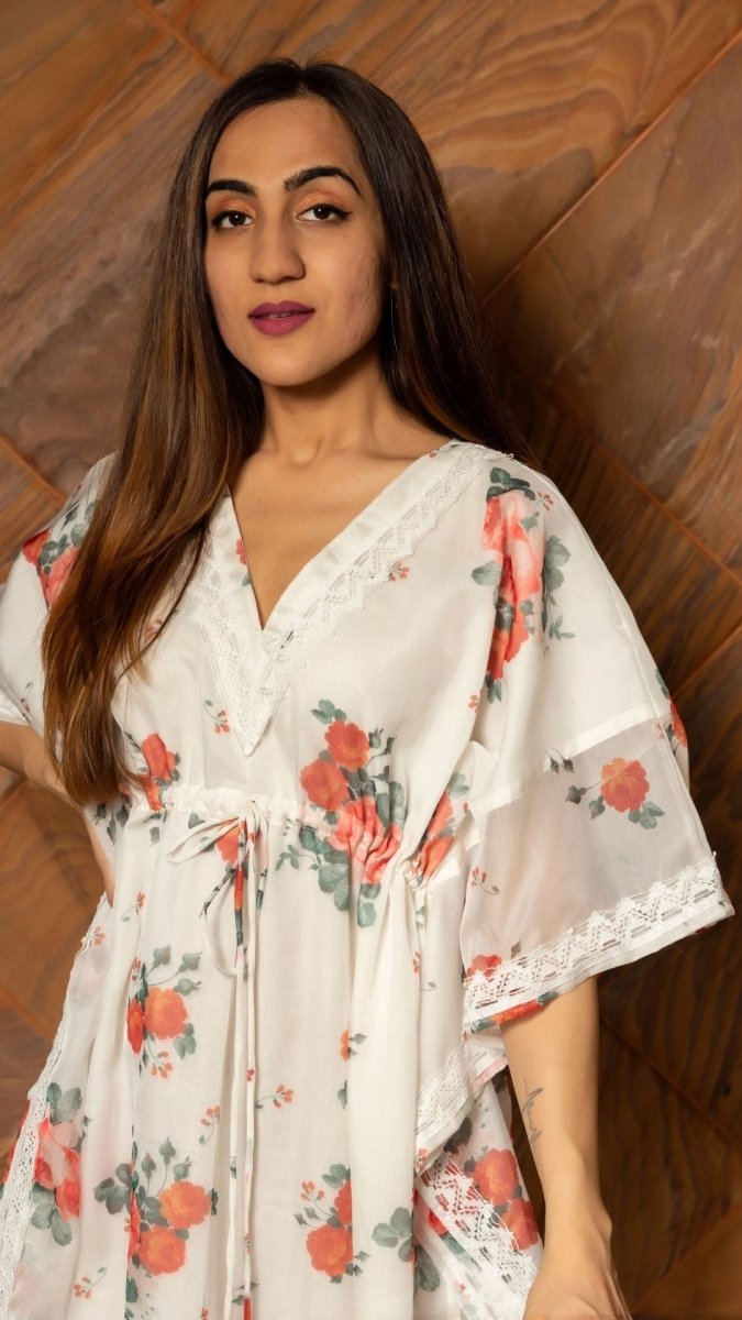 WHITE AND RED ORGANZA KAFTAN DRESS - Pomcha Jaipur