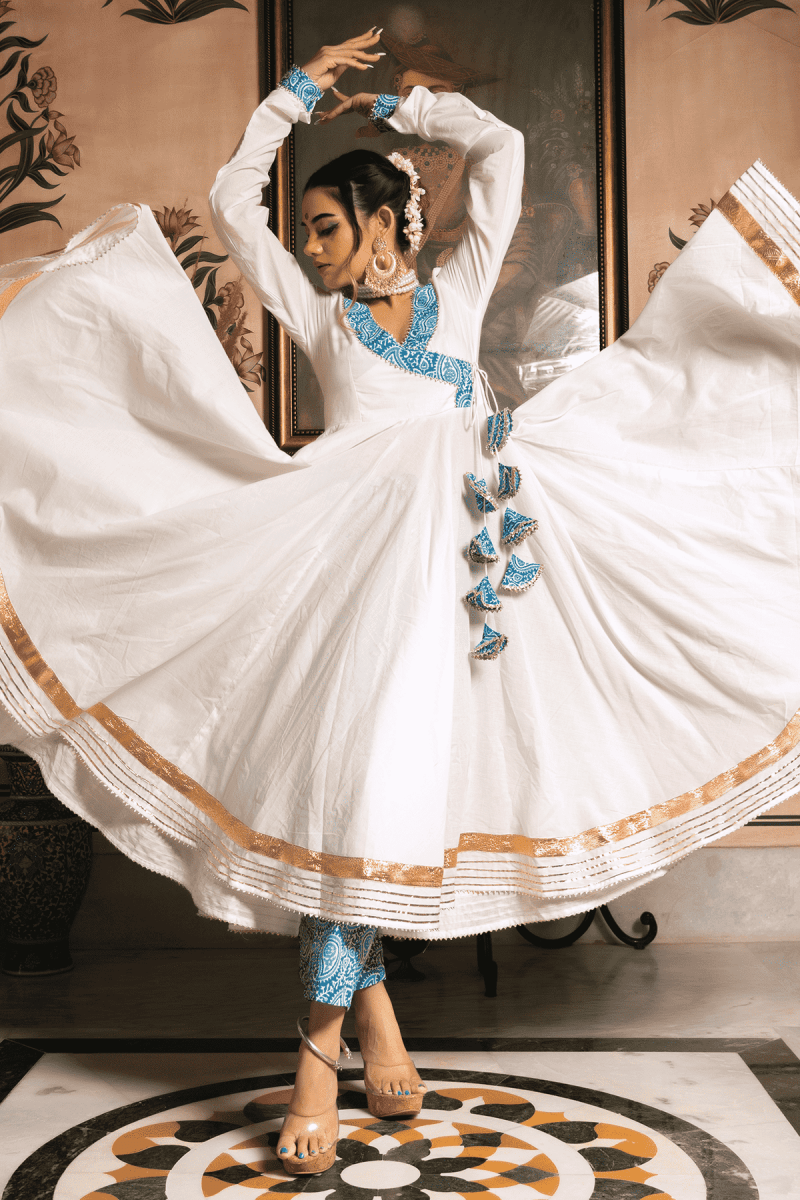 WHITE MOGRA PURE COTTON ANGRAKHA SET - Pomcha Jaipur