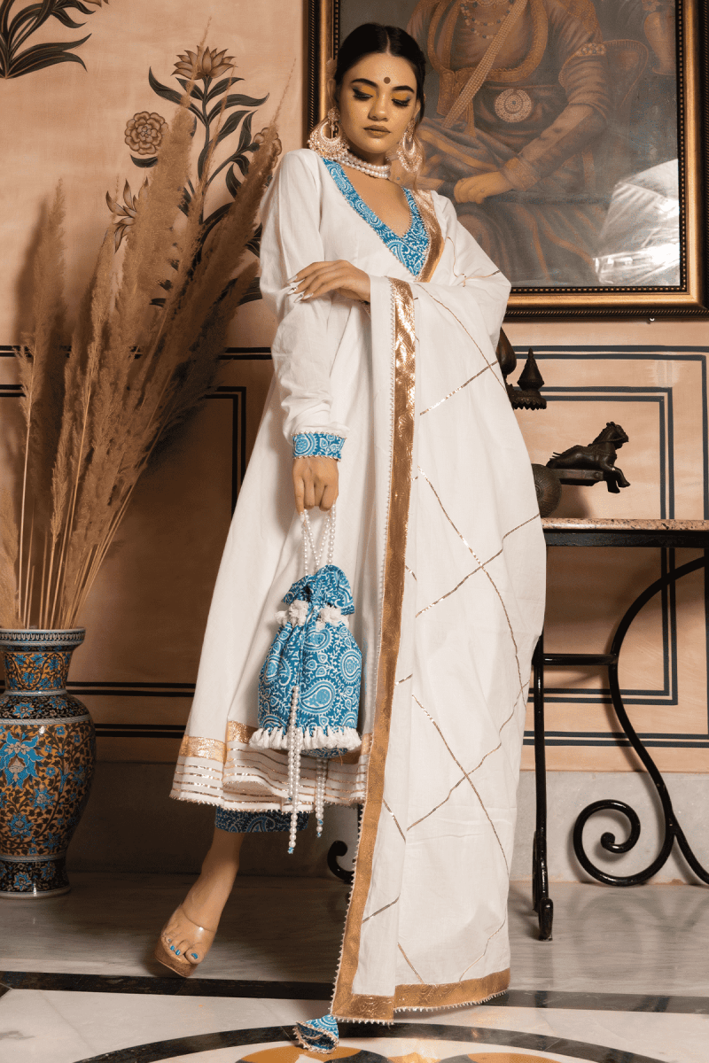 WHITE MOGRA PURE COTTON ANGRAKHA SET - Pomcha Jaipur