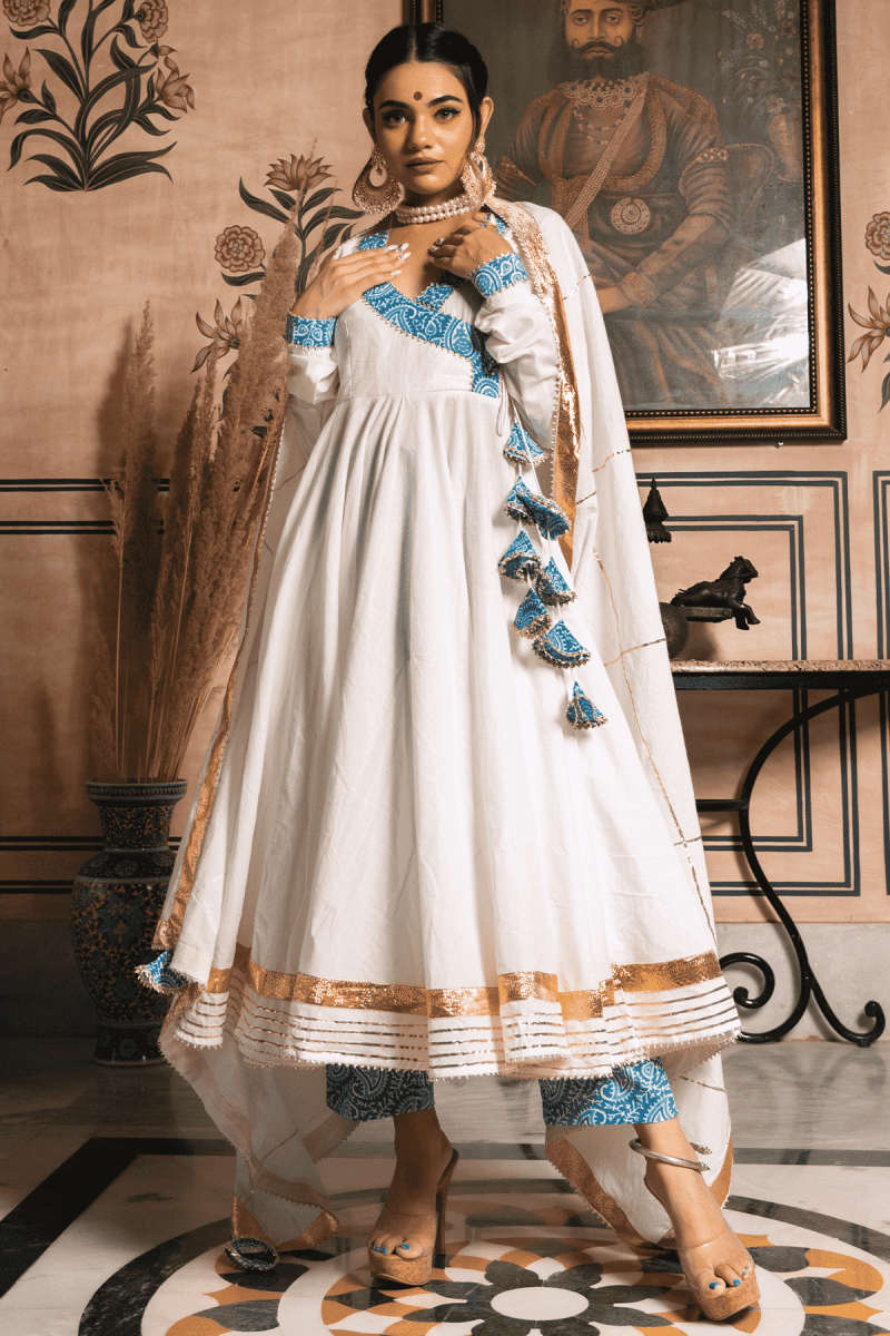 WHITE MOGRA PURE COTTON ANGRAKHA SET - Pomcha Jaipur