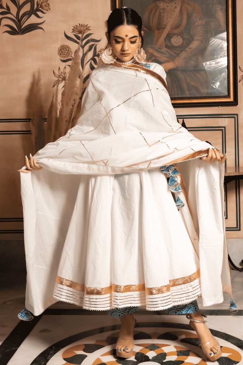 WHITE MOGRA PURE COTTON ANGRAKHA SET - Pomcha Jaipur
